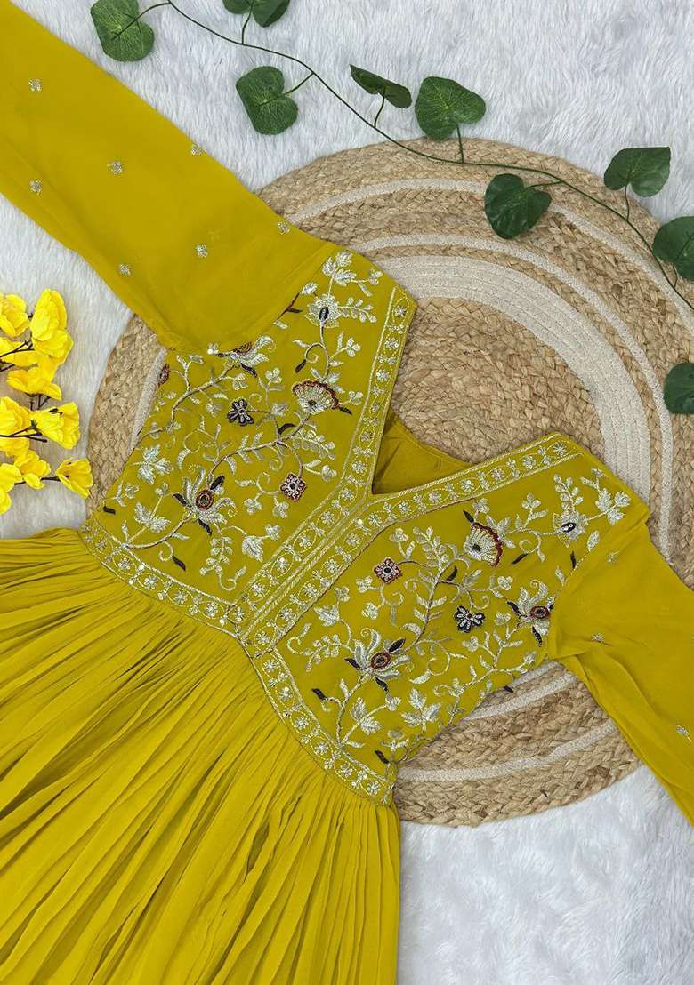 Yellow Sequence Georgette Kurta With Dupatta - Indya