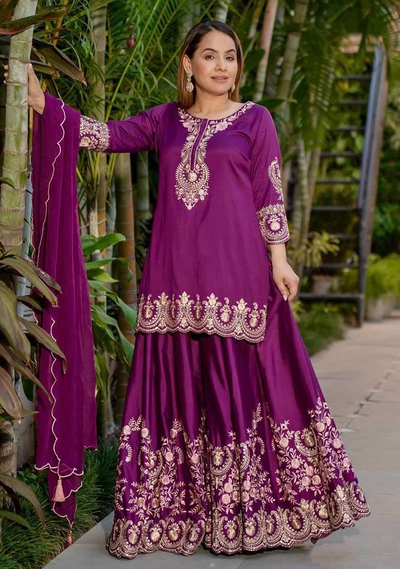 Purple Embroidered Silk Sharara Set - Indya
