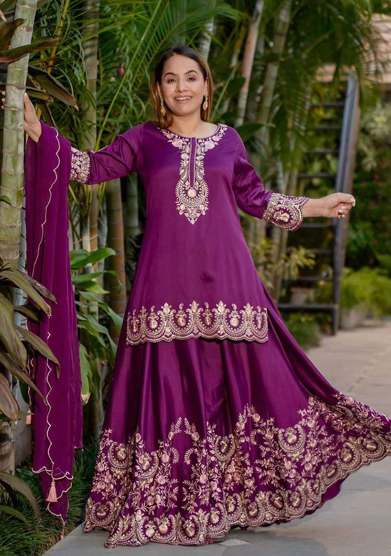 Purple Embroidered Silk Sharara Set - Indya