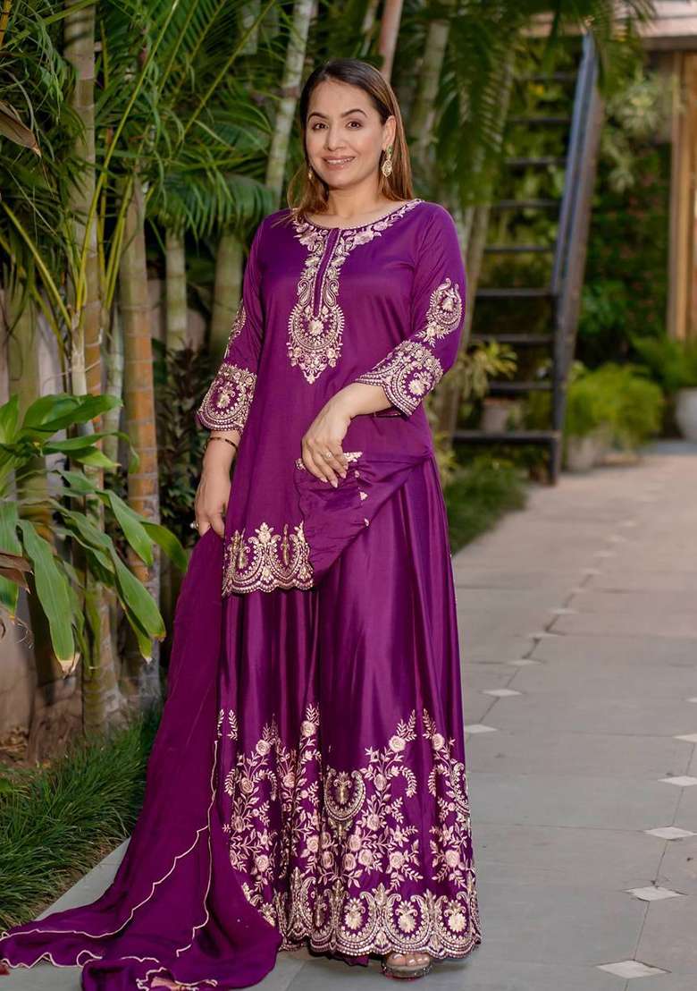 Purple Embroidered Silk Sharara Set - Indya