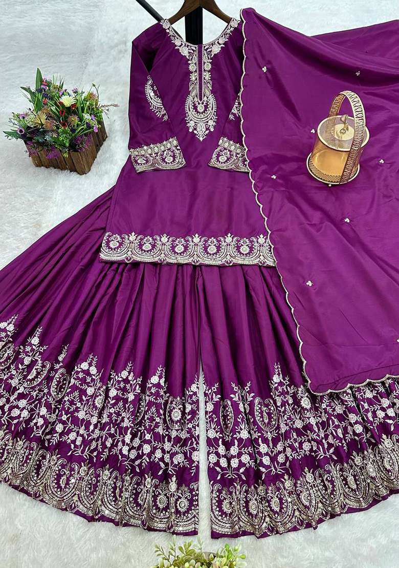 Purple Embroidered Silk Sharara Set - Indya