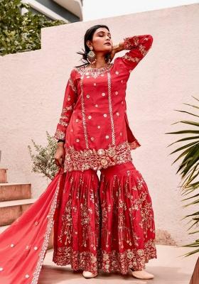Red Embroidered Silk Kurta Set