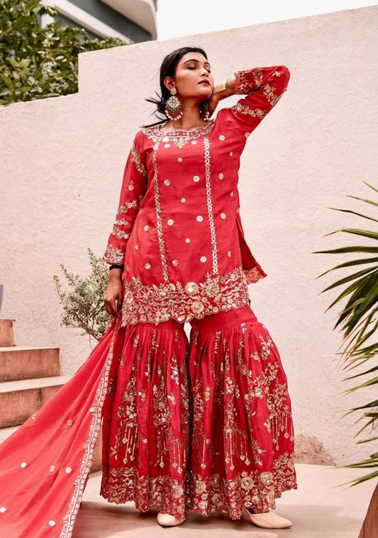 Red Embroidered Silk Sharara Set - Indya