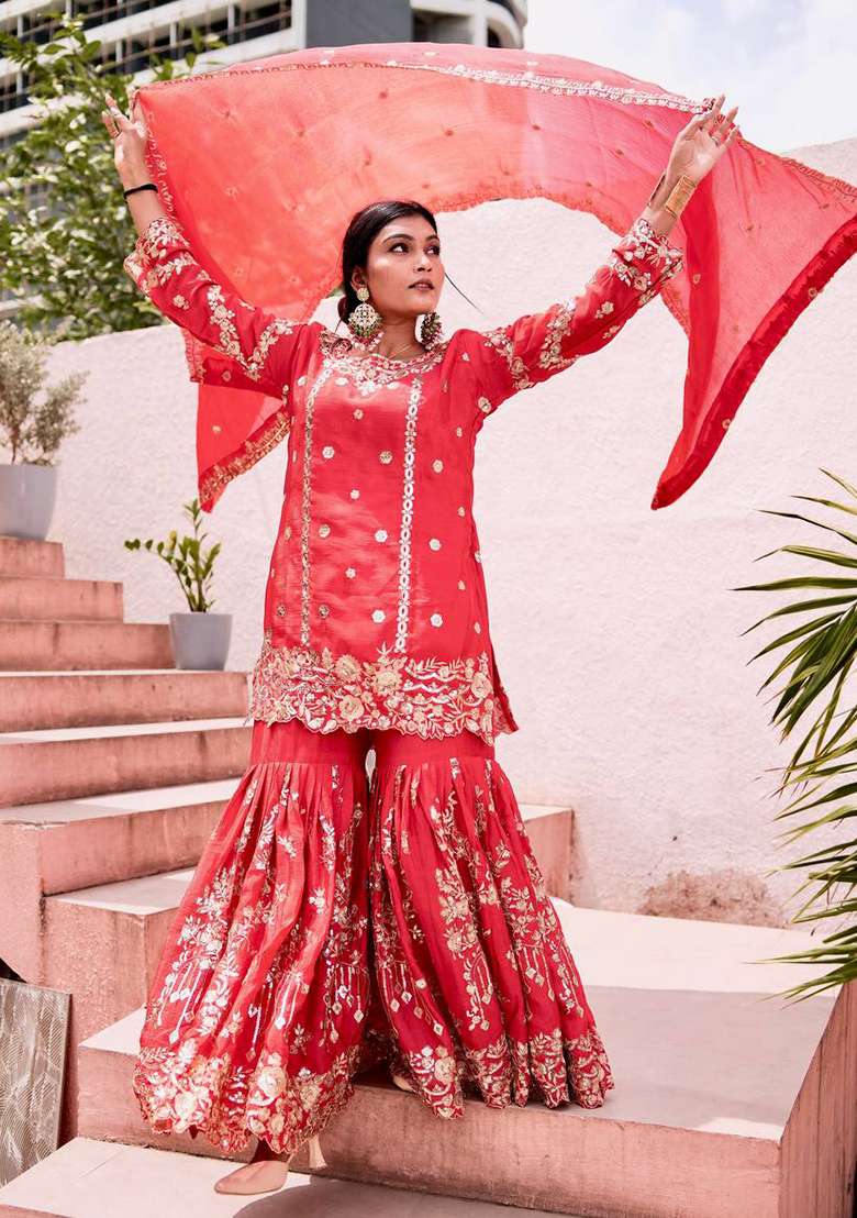 Red Embroidered Silk Sharara Set - Indya