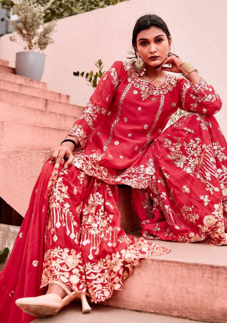 Red Embroidered Silk Sharara Set - Indya