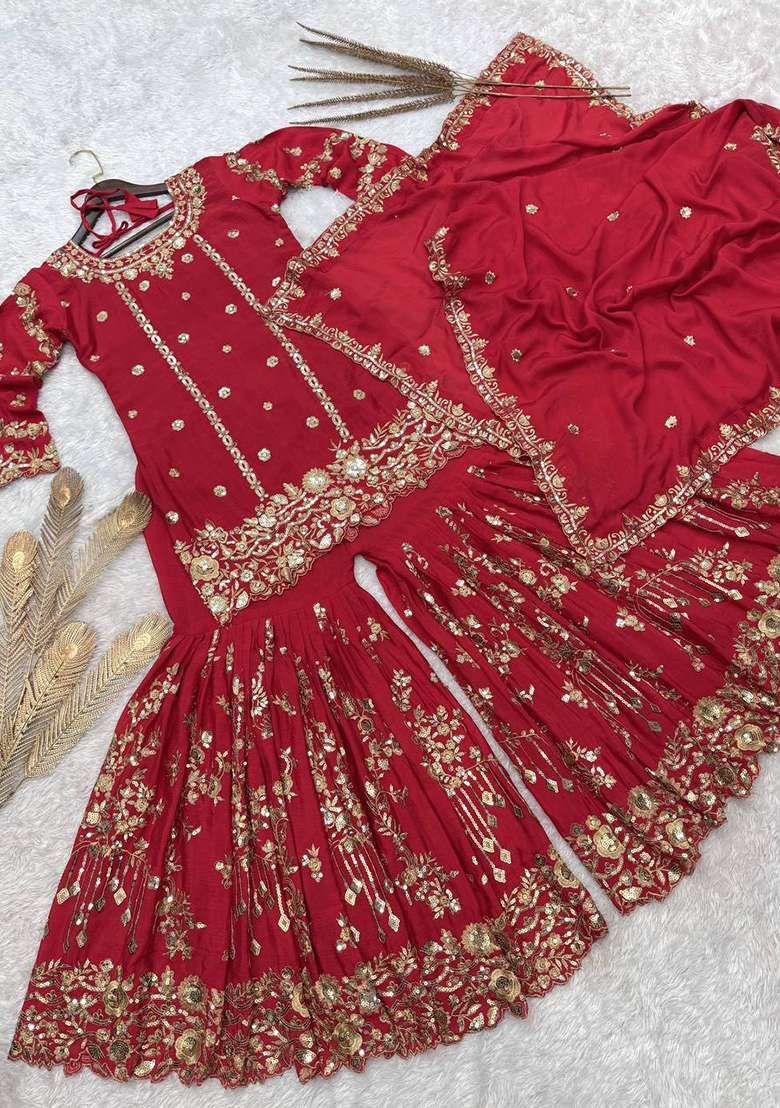 Red Embroidered Silk Sharara Set - Indya