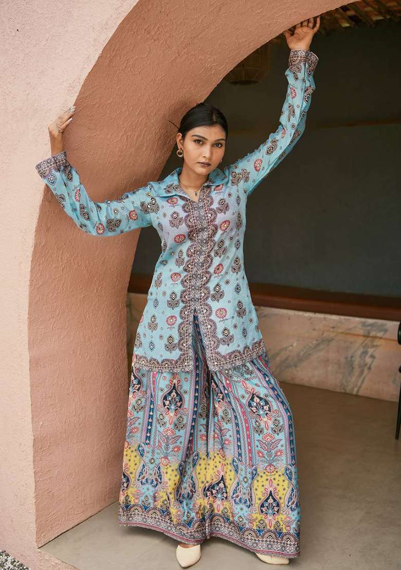 Sky Blue Printed Silk Co Ord Set - Indya