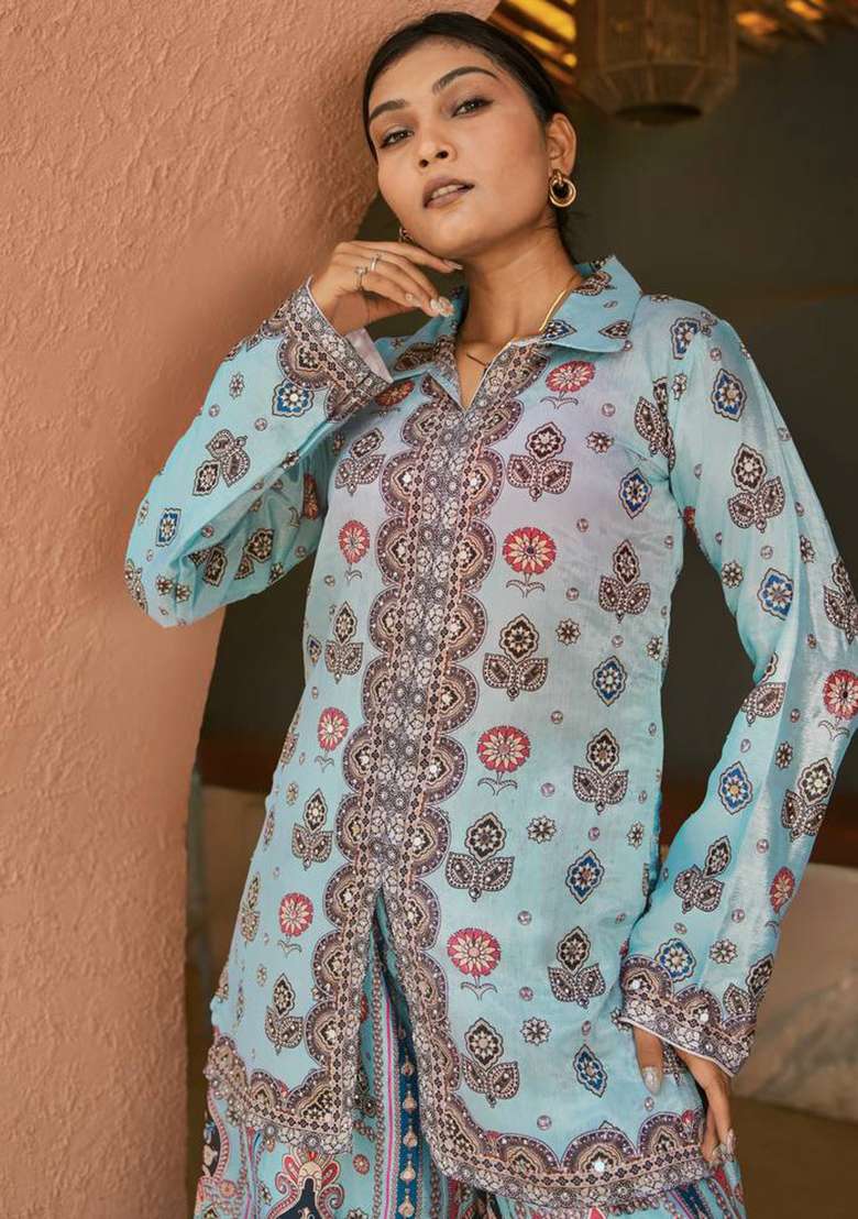Sky Blue Printed Silk Co Ord Set - Indya