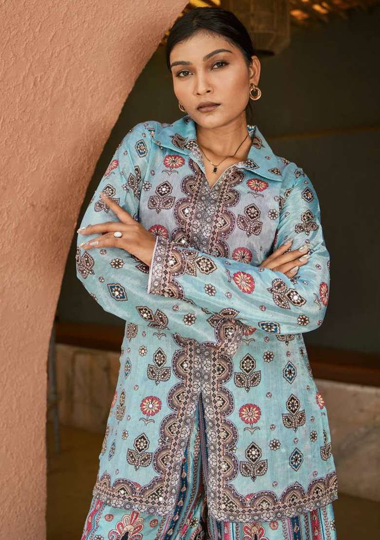 Sky Blue Printed Silk Co Ord Set - Indya