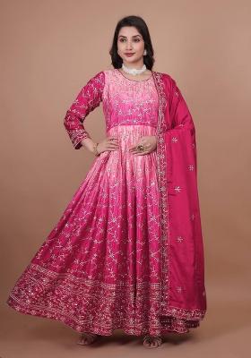 Pink Embroidered Silk Kurta With Dupatta