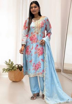 Sky Blue Printed Organza Kurta Set