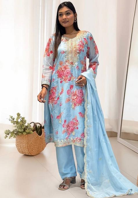 Sky Blue Embroidered Organza Straight Kurta Set — view on Indya