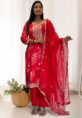 Red Printed Organza Kurta Set