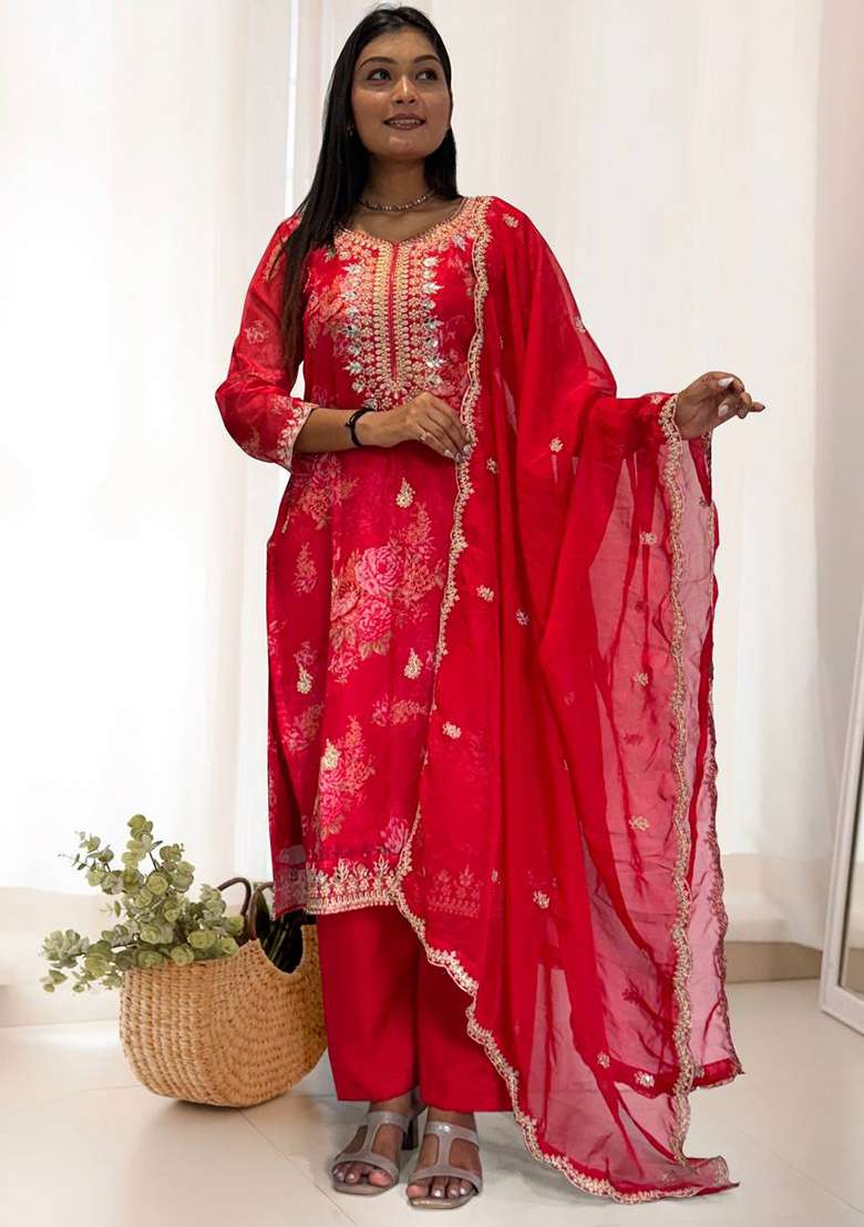 Red Embroidered Organza Straight Kurta Set - Indya