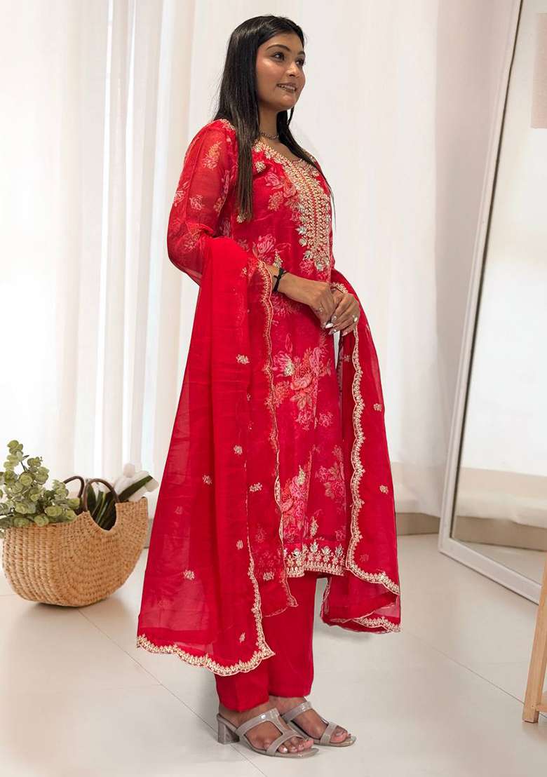 Red Embroidered Organza Straight Kurta Set - Indya