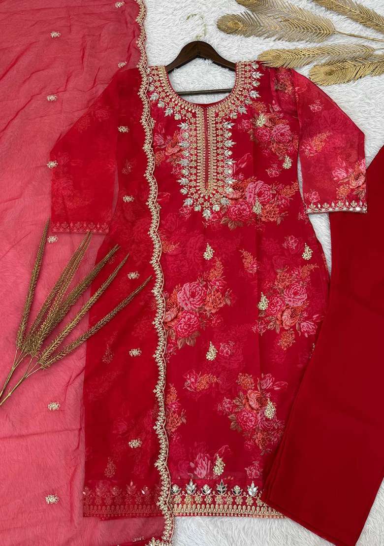 Red Embroidered Organza Straight Kurta Set - Indya