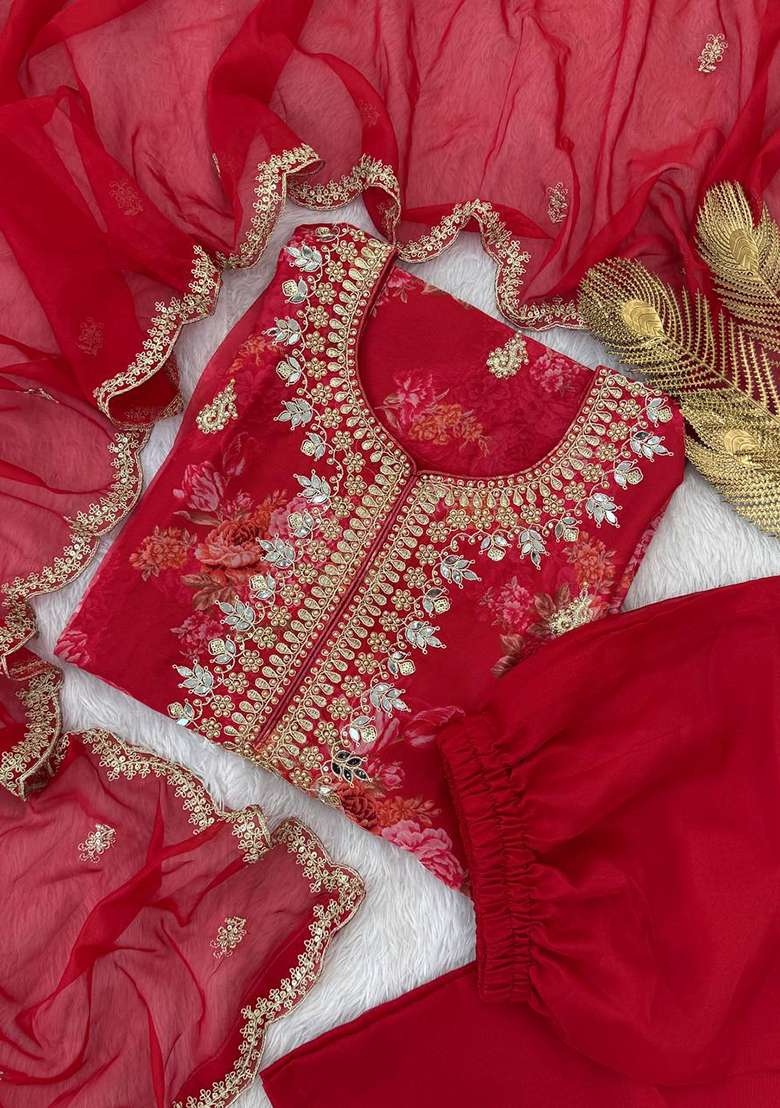 Red Embroidered Organza Straight Kurta Set - Indya
