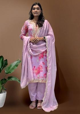 Lavender Embroidered Organza Straight Kurta Set