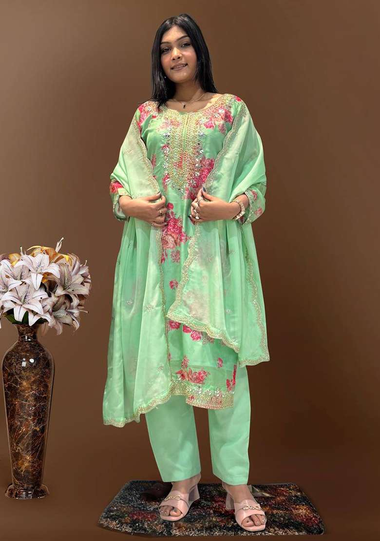 Light Green Embroidered Organza Straight Kurta Set - Indya