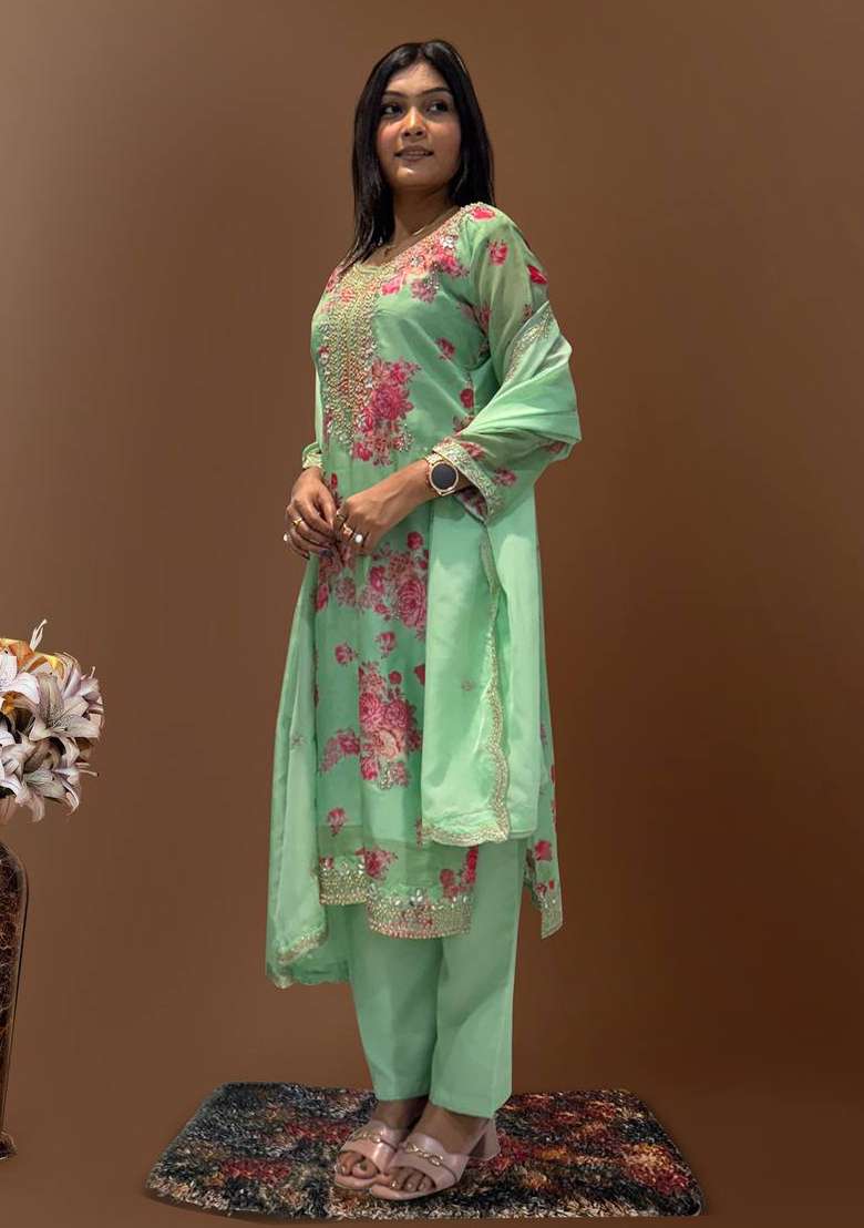 Light Green Embroidered Organza Straight Kurta Set - Indya