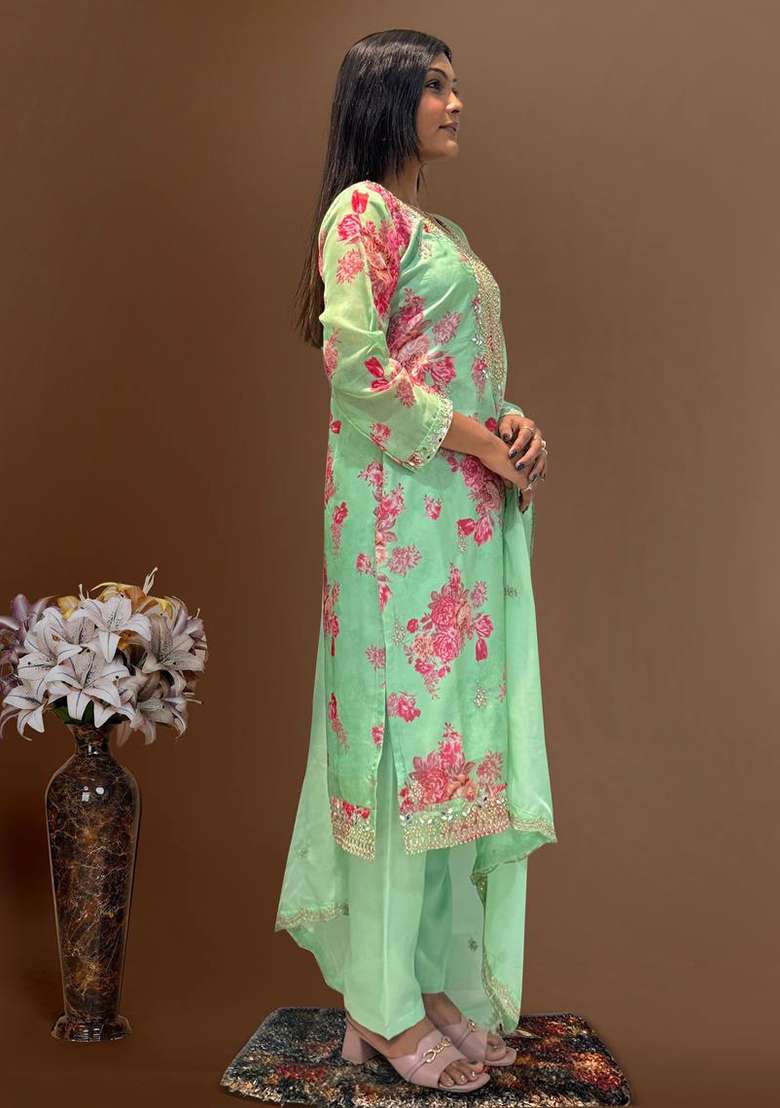 Light Green Embroidered Organza Straight Kurta Set - Indya