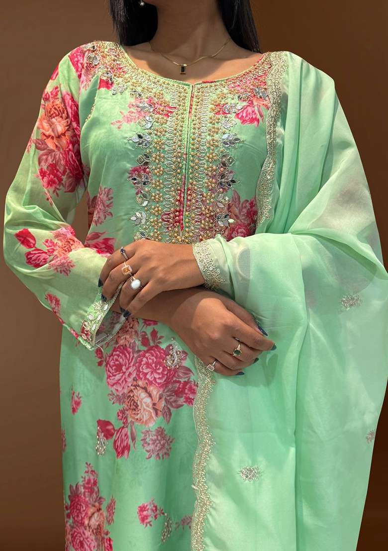Light Green Embroidered Organza Straight Kurta Set - Indya