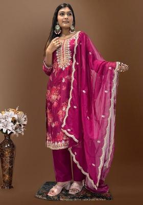Rani Pink Embroidered Organza Straight Kurta Set