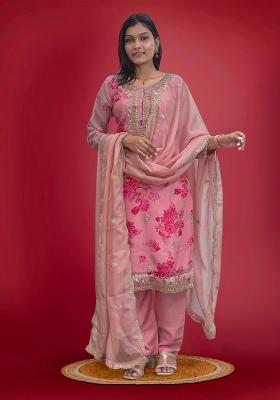 Peach Embroidered Organza Straight Kurta Set
