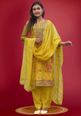 Yellow Embroidered Organza Straight Kurta Set