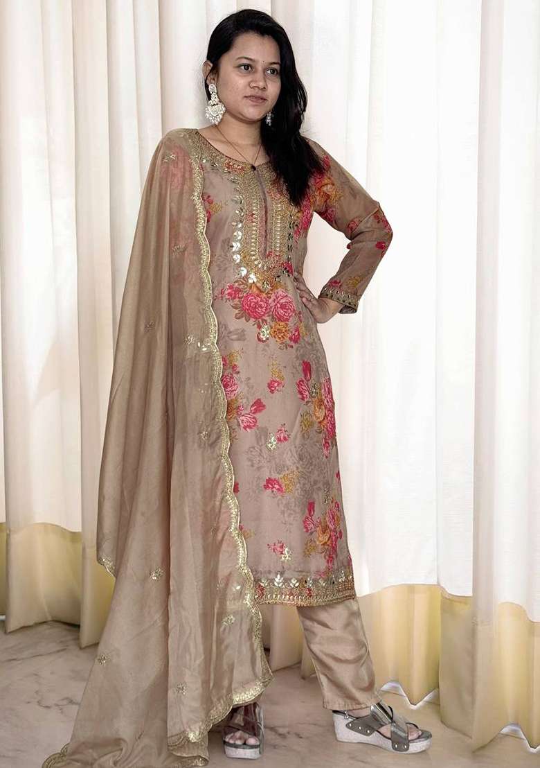 Beige Embroidered Organza Pakistani Suit Set - Indya