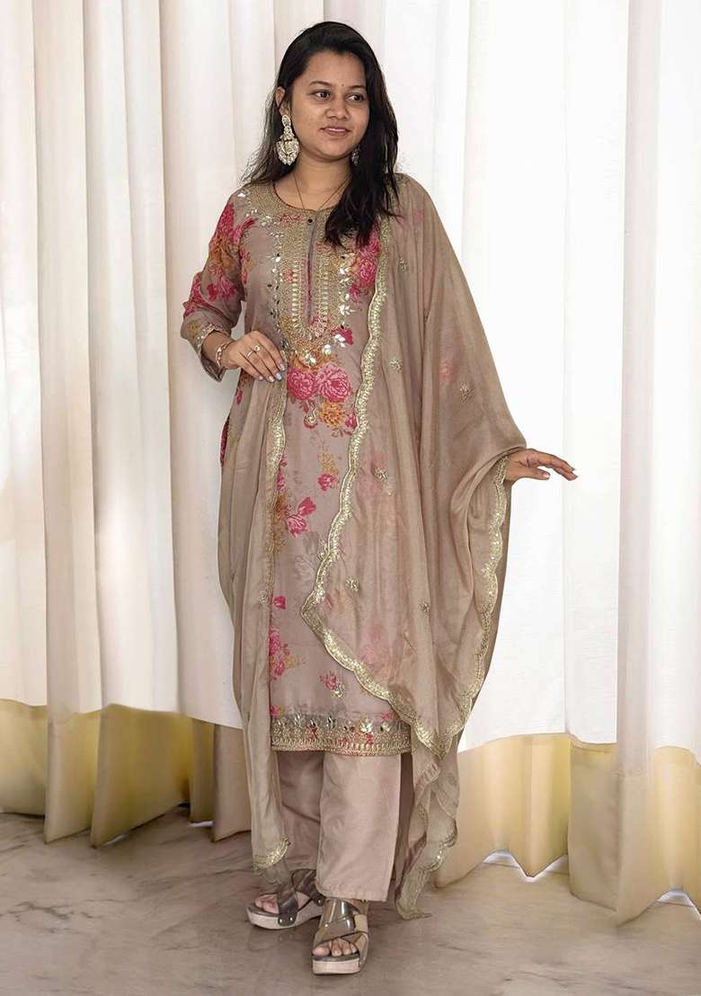 Beige Embroidered Organza Pakistani Suit Set - Indya