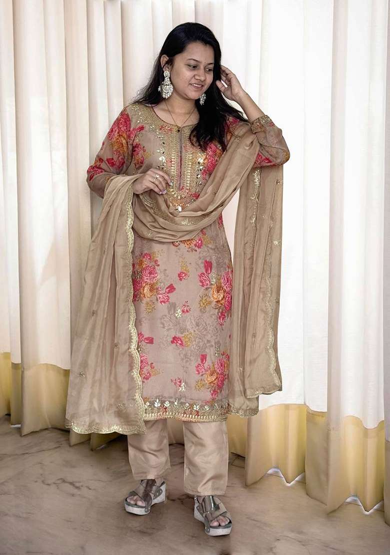 Beige Embroidered Organza Pakistani Suit Set - Indya