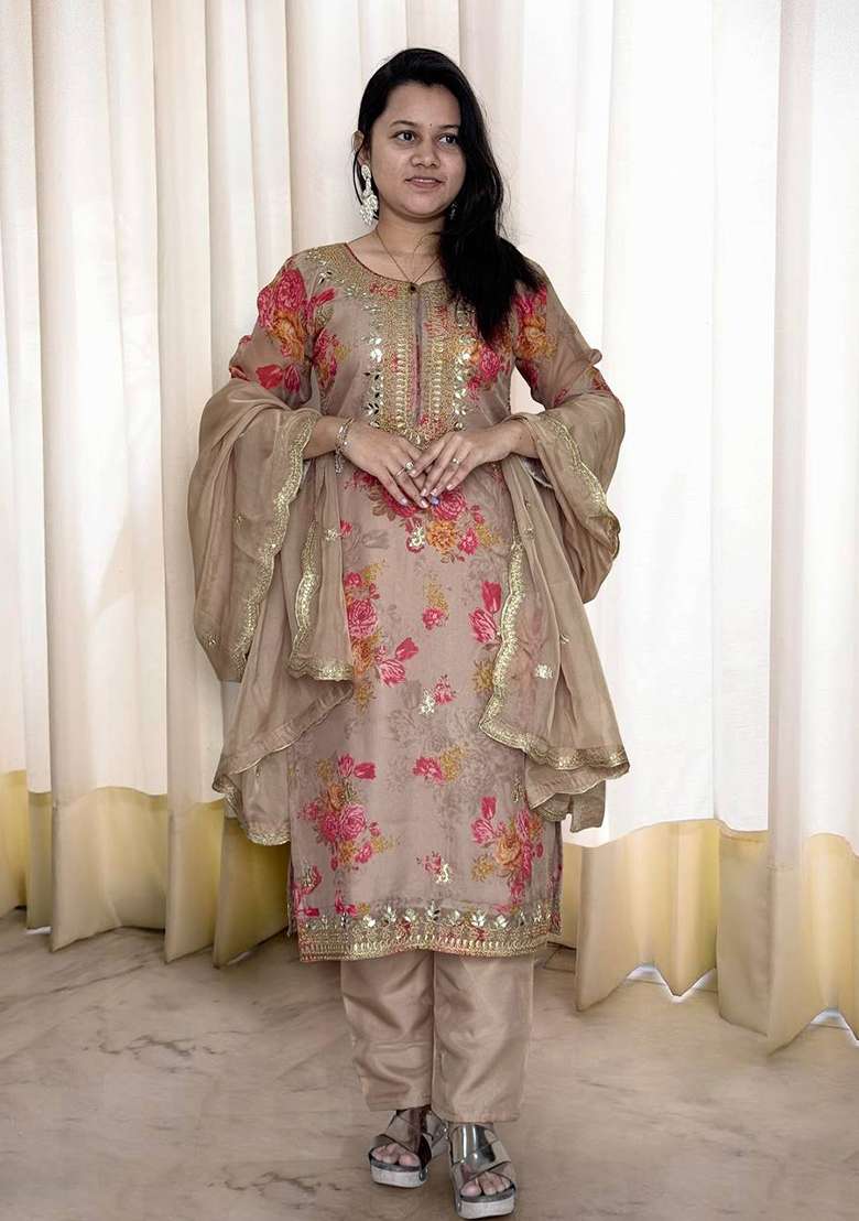 Beige Embroidered Organza Pakistani Suit Set - Indya
