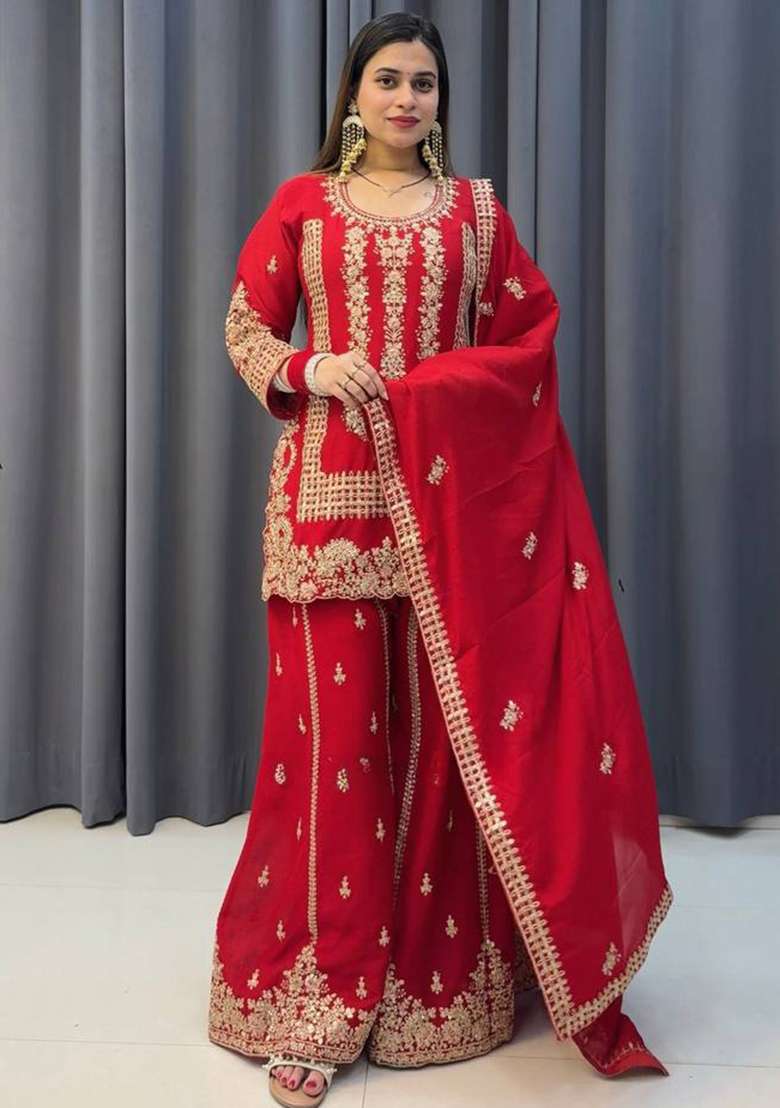 Red Embroidered Georgette Sharara Set - Indya