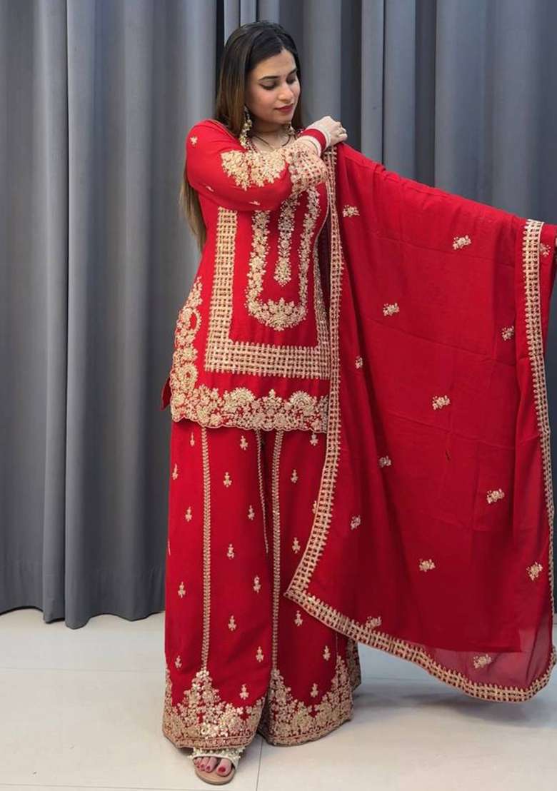 Red Embroidered Georgette Sharara Set - Indya