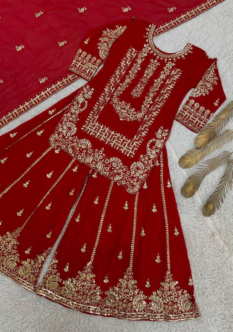 Red Embroidered Georgette Sharara Set - Indya