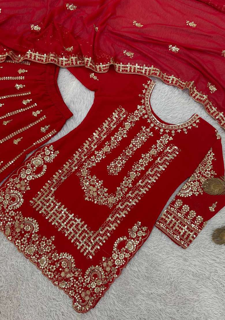 Red Embroidered Georgette Sharara Set - Indya