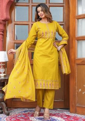 Mustard Printed Cotton Kurta Set