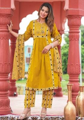 Mustard Embriodery Cotton Kurta Set