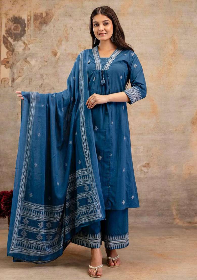 Multicolor Embriodery Cotton Kurta Set - Indya