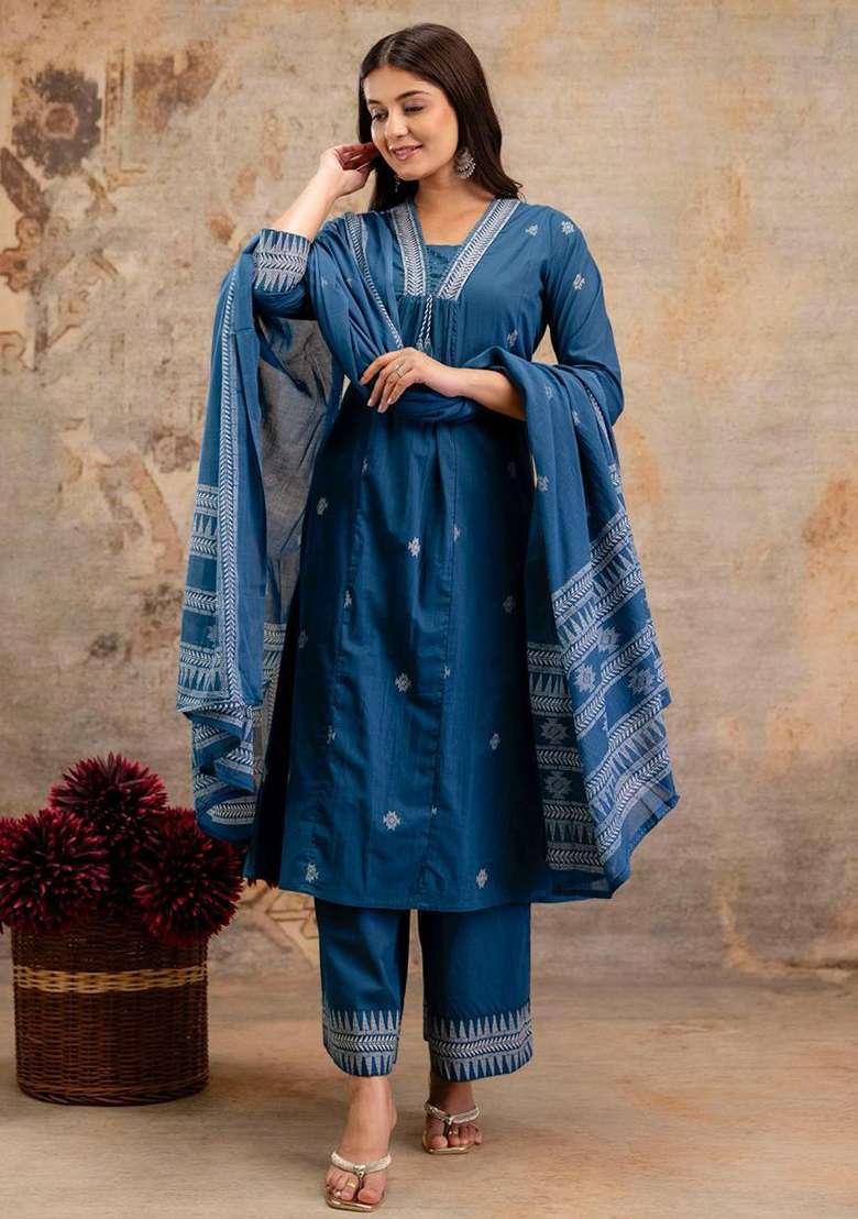 Multicolor Embriodery Cotton Kurta Set - Indya