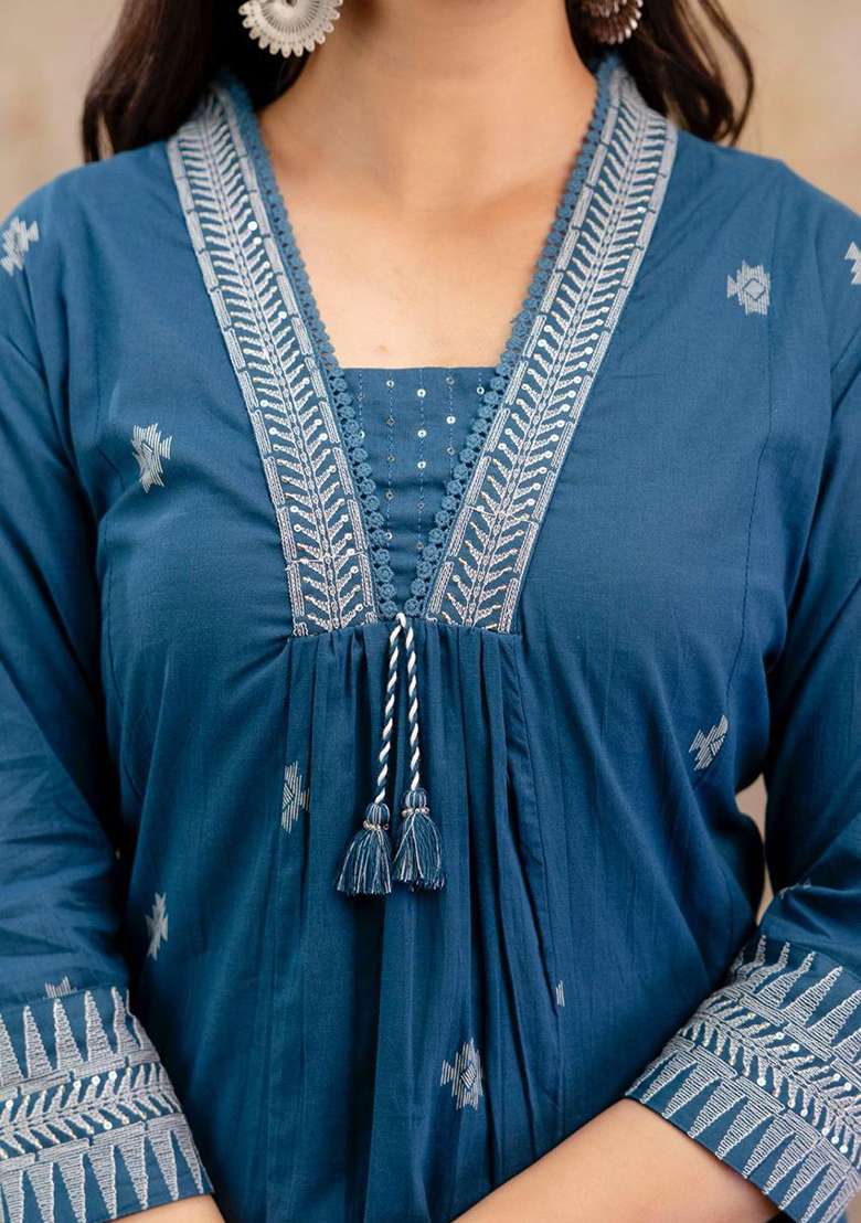 Multicolor Embriodery Cotton Kurta Set - Indya