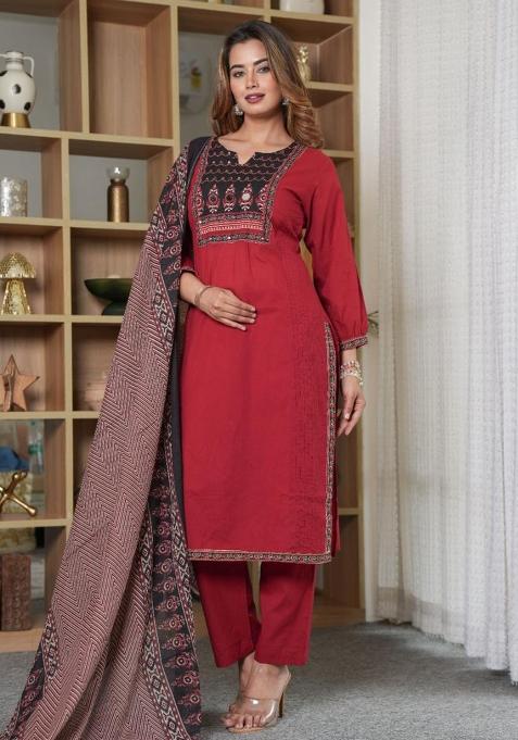 Maroon Mirror And Hand Work Cotton Kurta Set