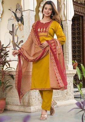 Mustard Mirror And Hand Work Cotton Kurta Set