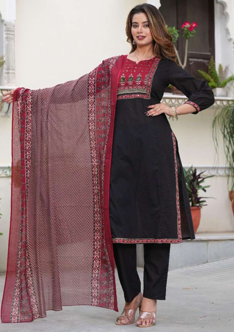 Black Mirror And Hand Work Cotton Kurta Set - Indya