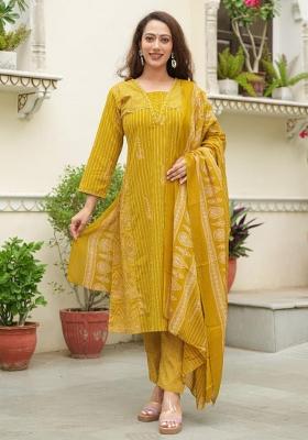 Mustard Hand And Zari Work Cotton Kurta Set