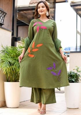Green Embriodery Cotton Kurta Set