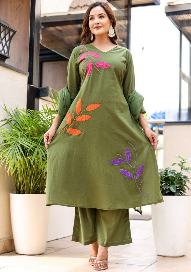 Green Embriodery Cotton Kurta Set - Indya