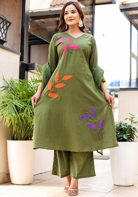 Green Embriodery Cotton Kurta Set