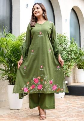 Green Embriodery Cotton Kurta Set